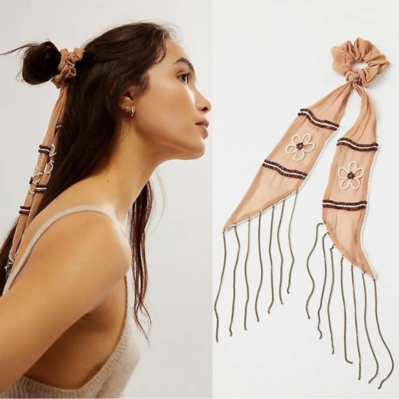 Free People Accessories - Free People Riley Pony Scarf Western Bohemian Beaded Chain Fringe Hair Tie NWT